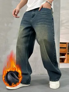 Men's Fall Winter Loose Fit Wide Leg Denim Jeans, Thick Warm Fleece Lined, Long Y2K Street Style Jeans, Perfect Gift for Boyfriend Husband
