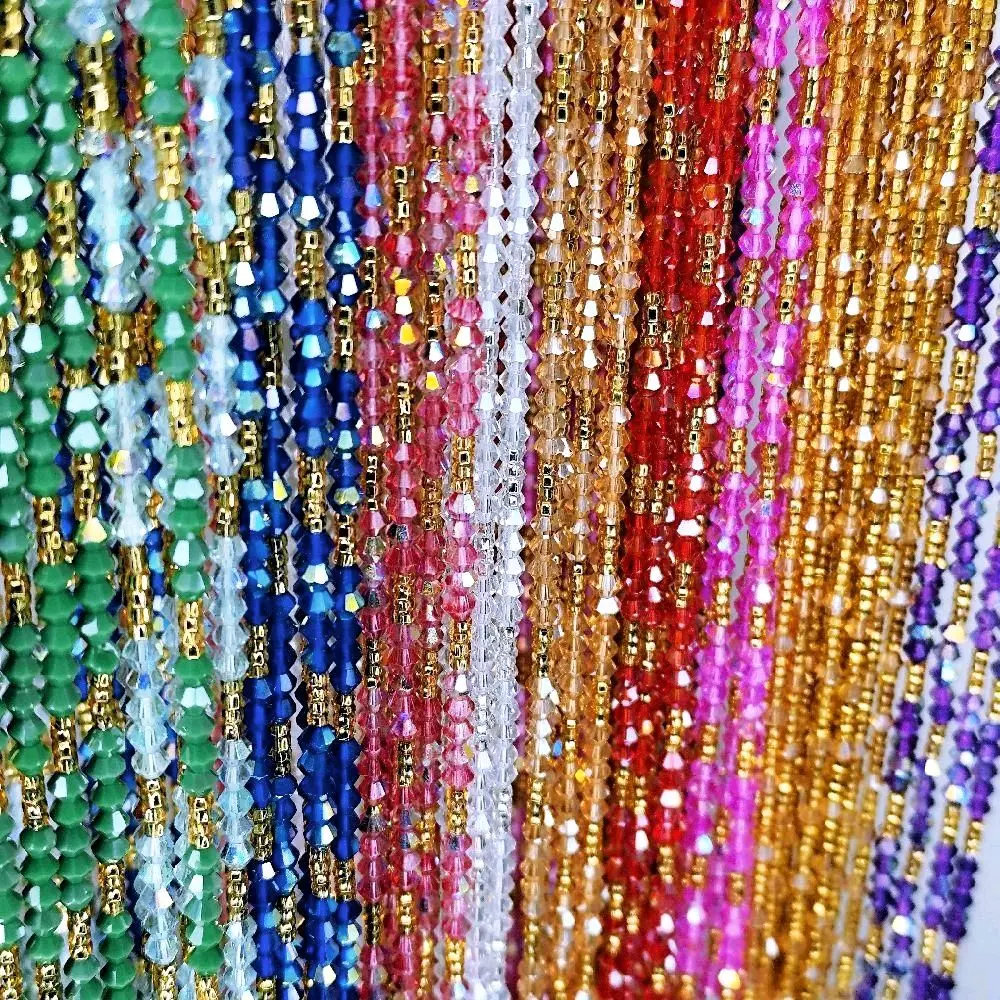 Women's Touch of Gold Crystal Waistbeads,i Body Adornment, Vibrant Color Tie Waistbeads for Daily Use.