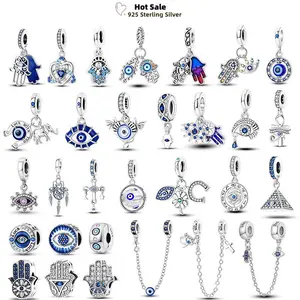 Charms Plata 925 Sterling Silver Blue Zircon Devil's Eye Hand Fatima Demon Turkey Beads For Women Original Bracelets DIY Jewelry