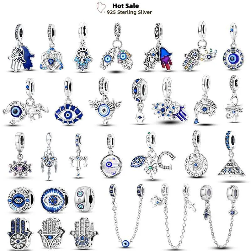 Evil Eye Charm Pendant, Women's Round 925 Sterling Silver Bead with Blue Zircon for DIY Bracelets and Jewelry, Pendants, Adults, Bead Pendant, Everyday Wear