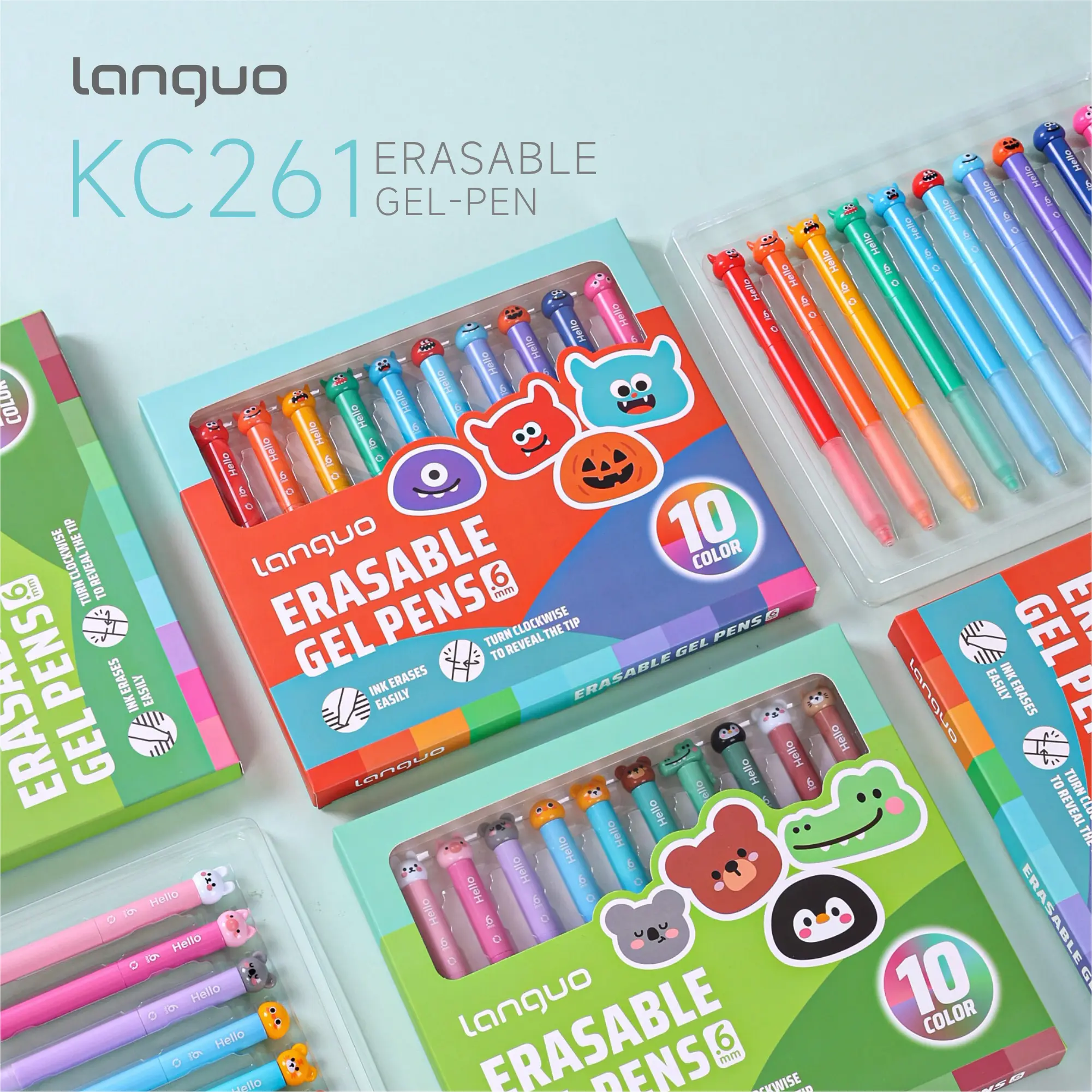 Languo Erasable Thermal Gel Pens, 0.6mm Fine Tip Twist-Retractable, 10-Pack Cute Animal Design, Colorful Multicolor Writing Pens, Smooth Write, Clean Corrections, Ideal for Drawing, Journaling, Colorful Gel Pens