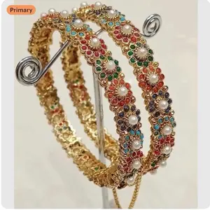 Primary Gold-Toned Multicolor Beaded Bangle Bracelet with Pearl Accents and Rhinestone Embellishments for Women
