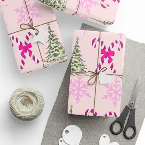Pink Christmas Wrapping Paper with Christmas trees, candy canes, and snow flakes