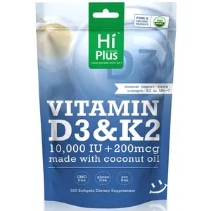 HiPlus Vitamin D3 10,000 IU + K2 200 mcg (MK-7) Extra Strength, Immune & Bone Support, High Absorption with Coconut Oil, Non-GMO, Easy-to-Swallow Softgels, 300 Count Options