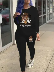 【Plus Size】 Two-piece Set Cartoon & Letter Print Sweatshirt & Skinny Pants, Casual Fashion Round Neck Long Sleeve Pullover & Trousers for Daily Outdoor Wear, Casual Lounge Set, Women's Two-piece Outfits for Spring & Fall