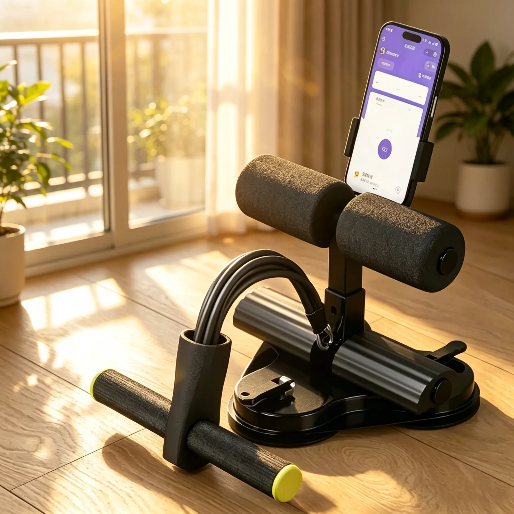 Upgraded three suction cup abdominal trainer with 3-level height adjustable portable sit up machine, black multifunctional core trainer, home gym, suitable for smooth surfaces