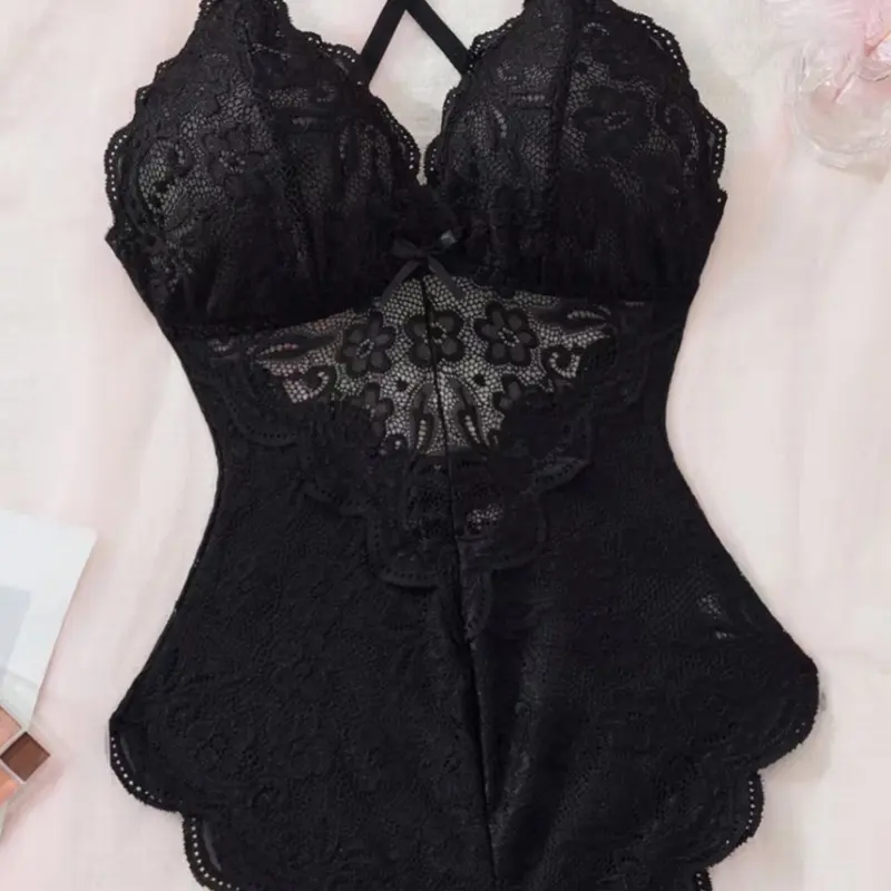 Sexy European Style Hollow Out Lace Cutout Bodysuit, Women's Sheer Lingerie, Elegant & Alluring Design, Perfect for Nightwear