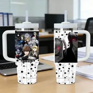 Vacuum Flasks 40oz Stainless Steel Tumbler with Handle & Straw, Vacuum Insulated Travel Mug Keeps Drinks Cold Up to 12 Hours, Leak-Resistant Cup for Iced Coffee, Water, Office, Gym or Travel D-D-Death Note Anime