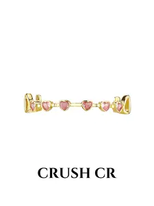CRUSH CR Top/Bottom Pink Heart CZ Teeth Grillz Set for Men and Women, 18K Gold Plated with Pink Heart CZ Stones, Hypoallergenic Removable Grillz, Perfect for Hip Hop Concerts, Music Festivals, Valentine’s Day Events, Club Nights Urban Street Style