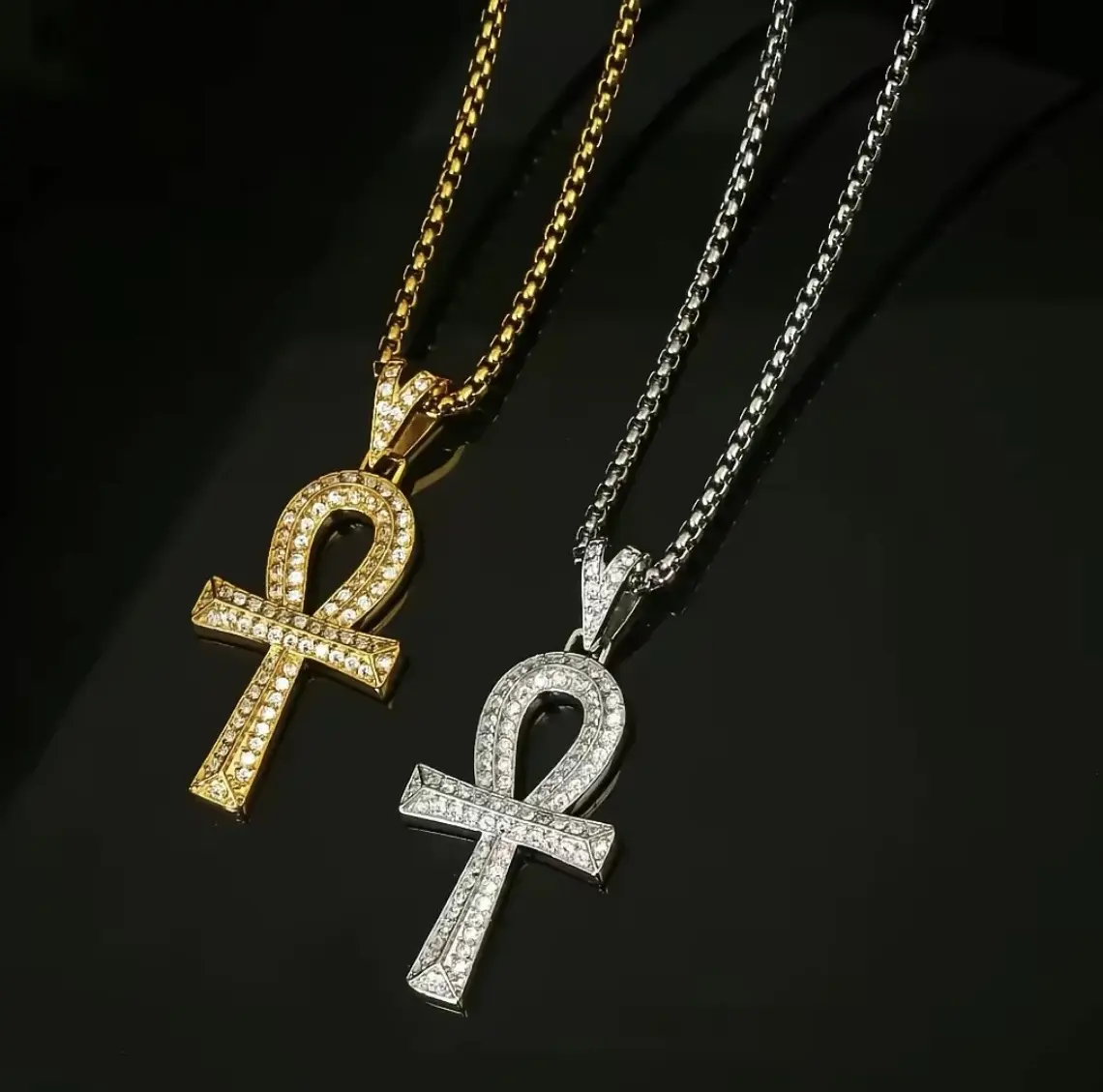 Unisex Iced Out Ankh Cross Pendant Necklace - Stainless Steel Spiritual Jewelry with Full Paved Cubic Zirconia, 2-Tone Gold-Silver Long Box Chain, Egyptian Totem Ethnic Retro Accessory for Adults, Festival Outfits, Modern Hip-Hop Styles, Unisex Names, Non