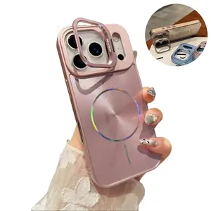 Bling Glitter Magnetic Case for iPhone 17 Pro Max 16 15 14 13 Pro Max Laser Sparkle CD Aurora Pattern, Built-in Camera Lens Stand Bracket, Compatible with MagSafe, Shockproof Phone Cover