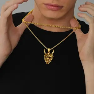 U7 Hannya Mask Horn Pendant Necklace Punk Jewelry For Men Women Stainless Steel