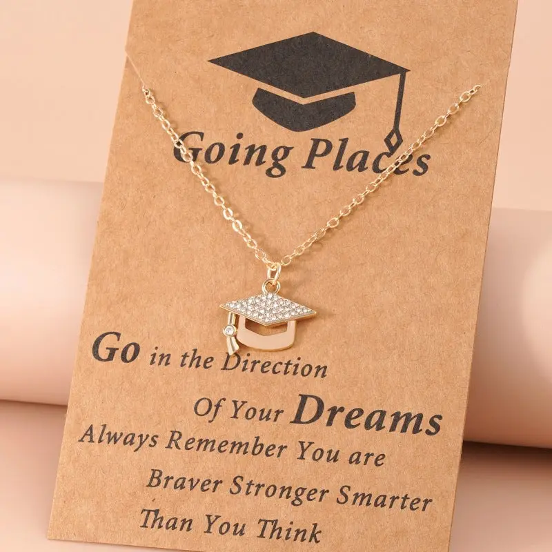 Women's Gold-Plated Rhinestone Graduation Cap Pendant Necklace - Mortarboard Shape Rhinestone Charm, Zinc Alloy Choker Chain, Class of 2026 Doctoral Memorial Jewelry Gift with Inspirational Card "Going Places"