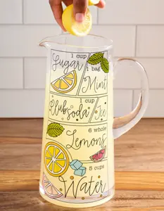 Lemonade Recipe Pitcher - Clear Drinkware with Lemon and Mint Design, Ideal for Beverages and Smoothies