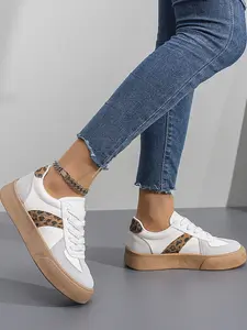 Women's Casual Leopard Print Low-Top Sneakers, Thick Sole Lace-Up Shoes, PU Leather Fashion Board Shoes, Comfortable Sporty Style