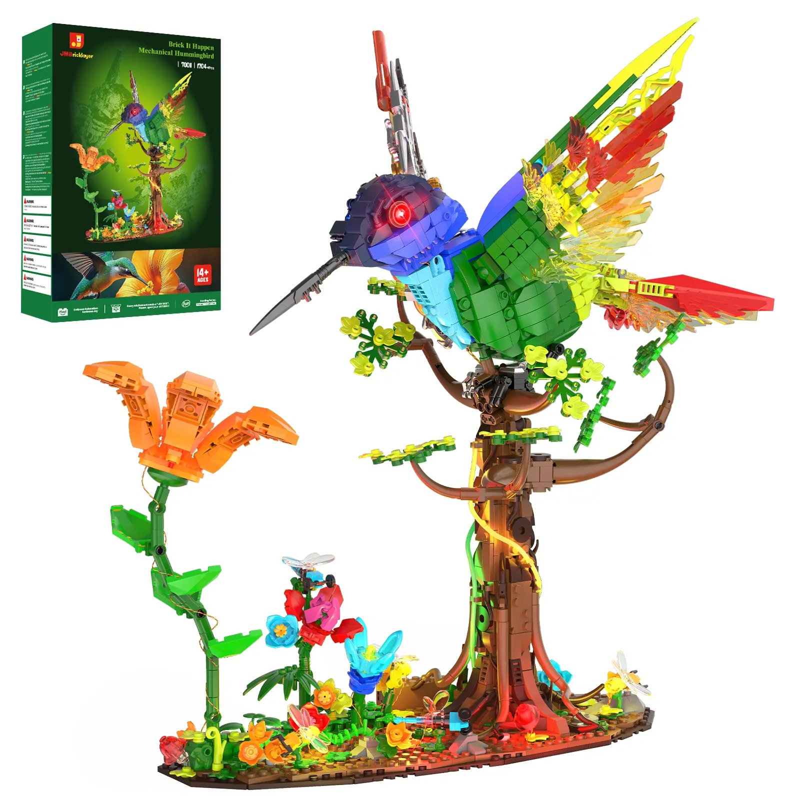 Zenith Pulse: The Cyber-Botanical Hummingbird - JMBricklayer Advanced Mechanical Bird Kit, Intricate Flower & Animal Collection with Ambient Glow 70011