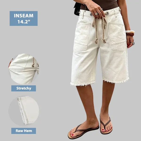 Flamingals Raw Hem Patch Pocket Eyelet Drawstring Mid Rise Bermuda Shorts Womenswear Stretchy 11" Inseam