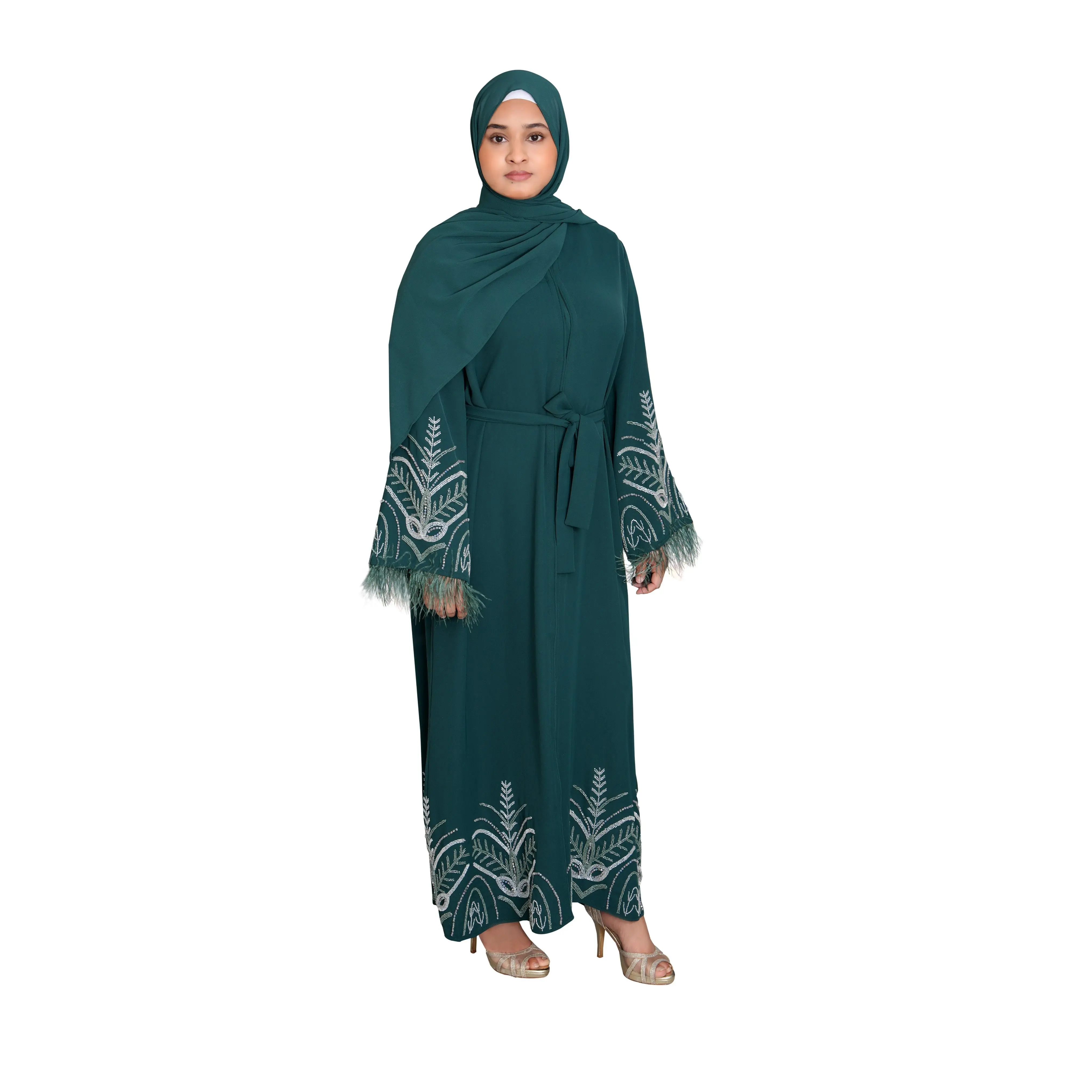Two-Piece Embellished Closed Feather Abaya - Viridian Green