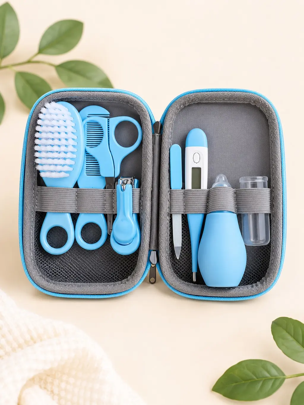 At Ease Baby Grooming & Healthcare Kit, 10-Piece All-in-1 Compact Set for Newborn and Infant Gentle Care with Digital Thermometer, All-In-One
