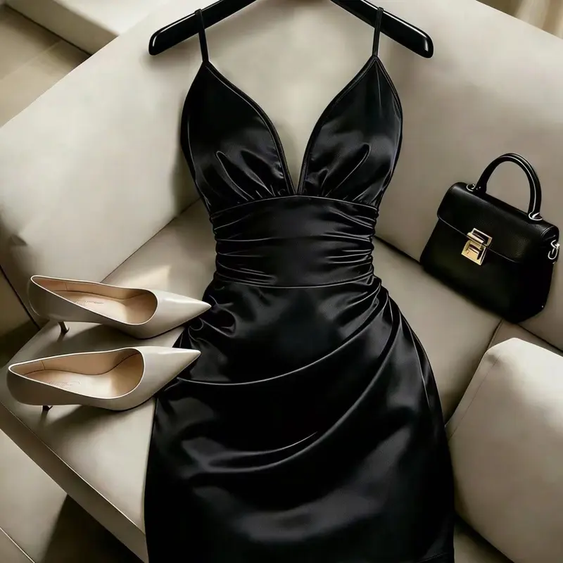 2026 New Women's Summer Black Deep V-Neck Spaghetti Straps Bodycon Mini Dress, Party Cocktail Dress, Elegant Sexy Style for Dates, Parties, Evening Dinners and Brunch Outfits