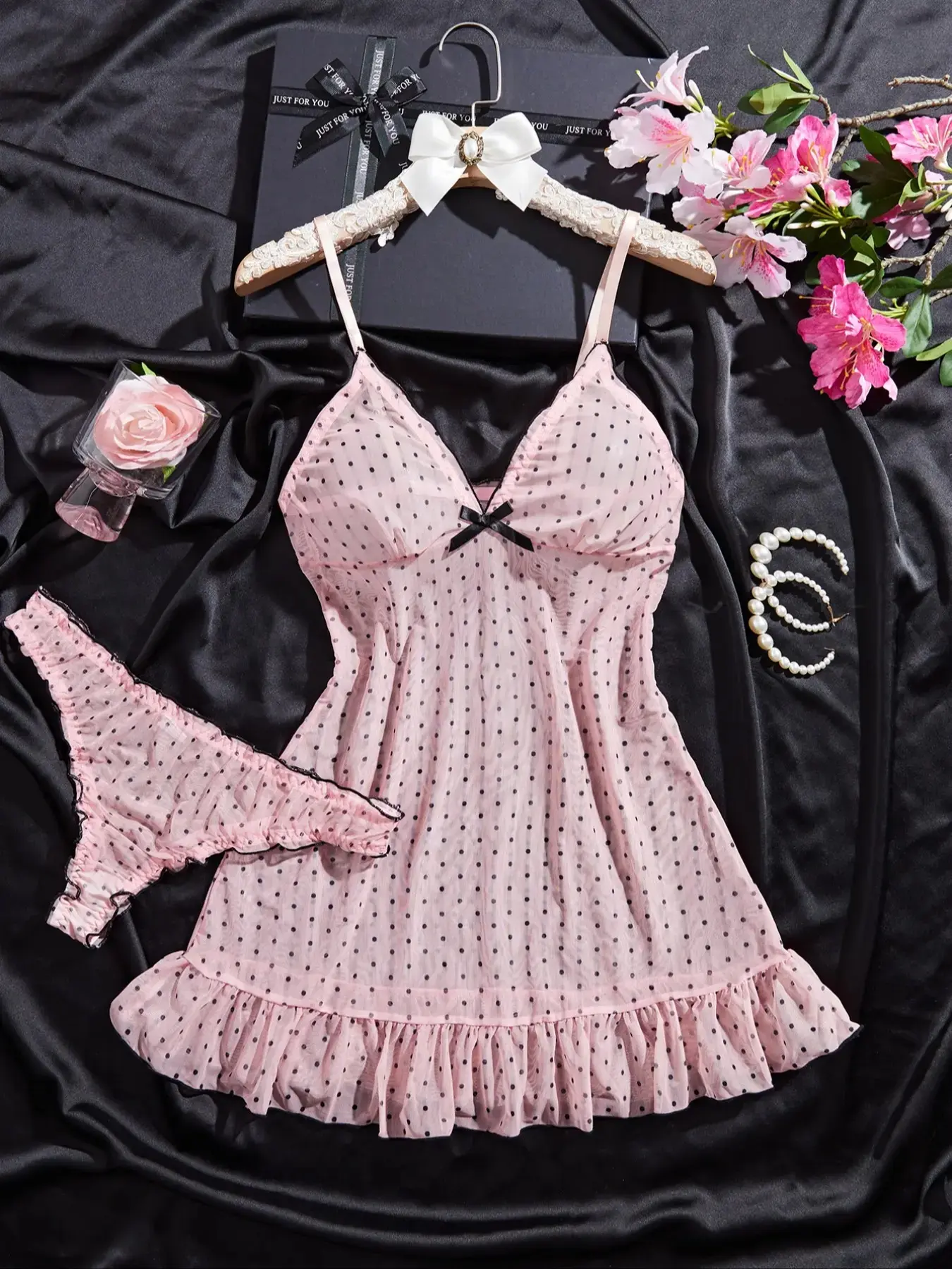 Women's Sexy Elegant Pajama Set, Nightwear, Sleeveless, Polka Dot Ruffled Hem, Lightweight Knit Fabric, Semi-Transparent, Romantic Gift