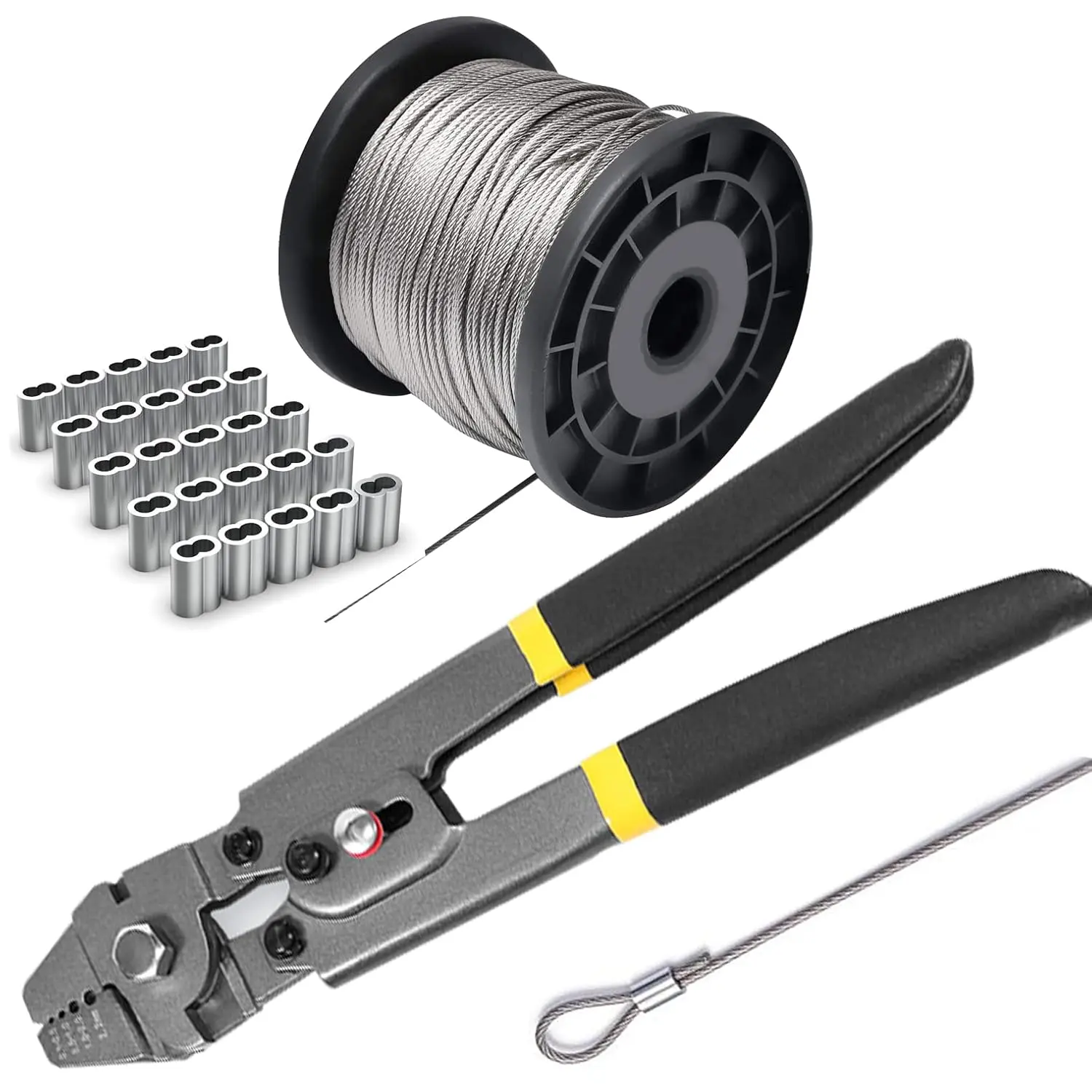 Heavy Duty Wire Rope Crimping Tool Kit with Wire Crimper Cutter, 1/16-304 Stainless Steel 7x7 Strand Core Cable (165 ft), 100 Aluminum Cable Ferrule Loop Sleeve Stops, Automotive DIY Tools