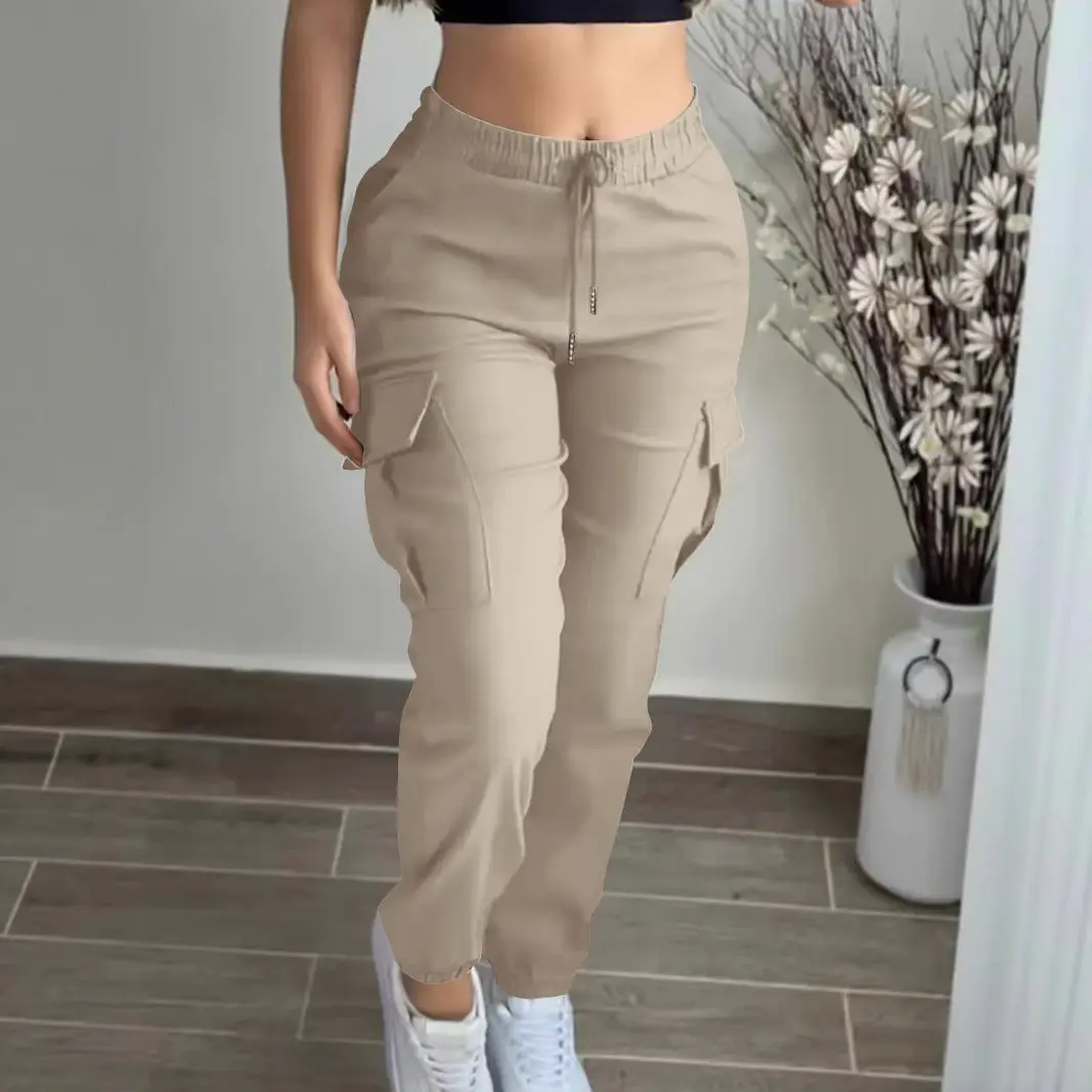 Women's Casual Cargo Pants Overalls - Polyester Silk Fabric, Elastic Waist, Drawstring Design, Regular Thickness, Basic Cut, Spliced Look, Japanese and Korean Style, Outdoor Suitable, S-XXL Women's Bottoms