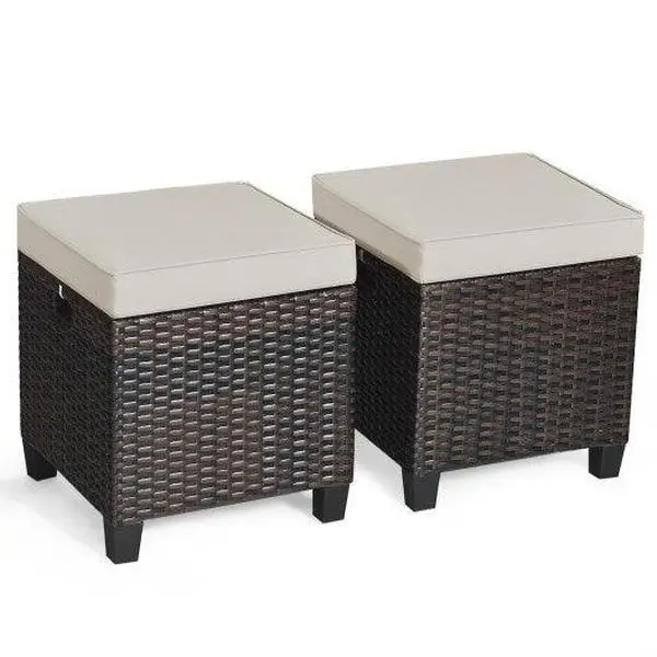 2 Pcs Patio Rattan Ottoman Cushioned Seat Foot Rest-Beige