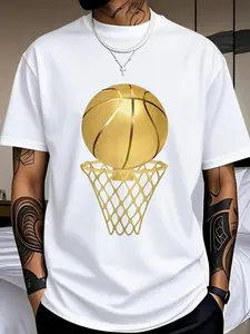 Men's Plus Size White Short Sleeve T-Shirt with Gold Basketball Graphic and Hoop Design - Trendy Casual Tee for Sports Lovers, Perfect for Indoor Wear or Street Style