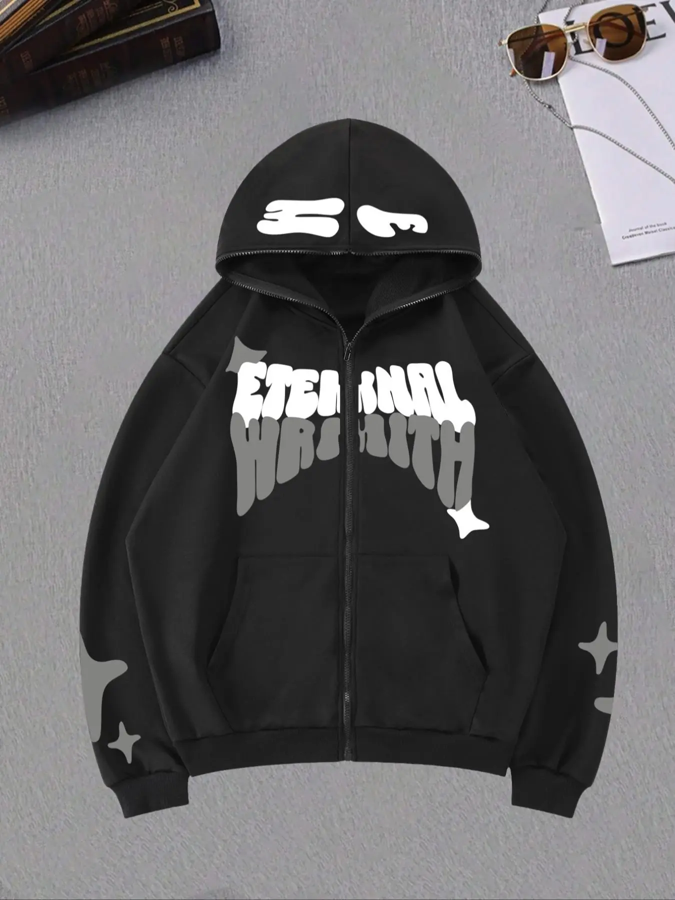 Men's Letter & Star Print Zip Up Hoodie, Regular Fit Casual Cozy Drop Shoulder Long Sleeve Hooded Sweatshirt for Fall & Winter, Men's Clothes for Dai