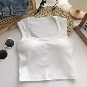 Free Size Solid Color Summer Tank Top Women Stretchy Cotton Slim Fit Undershirt With Bra pad tank air  tank top