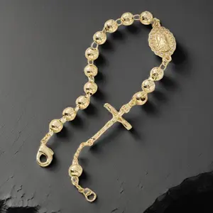 14K Golden Plated Plated Virgin Mary & Virgen De Guadalupe Rosary Bracelet for Women - Catholic Religious Beads with Cross Charm, Dainty Decade Prayer Beads Gift Suitable for Daily Wear, Christmas, Graduation