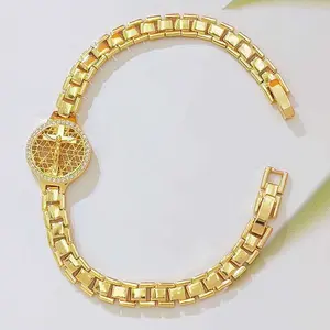 14K Gold Plated Jesus Cross Watch-Style Bracelet, Adorned with CZ Crystals, Fashion Costume Jewelry Accessory for Women