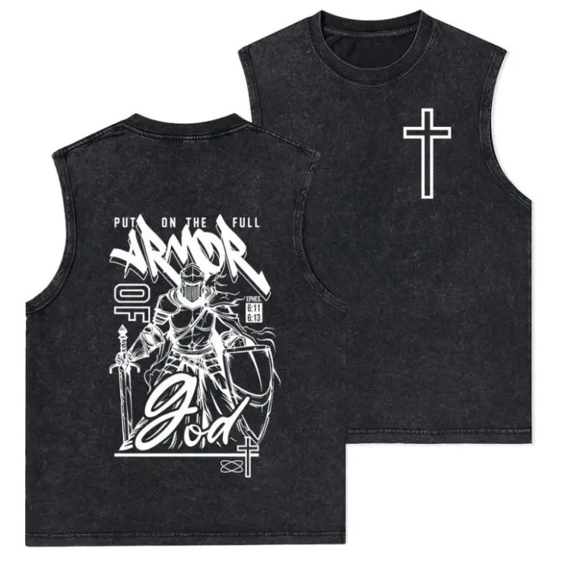 Men's Classic Crew Neck Graphic Sleeveless Tee - "Put On The Full Armor Of God" Faith Menswear, Athletic Gym Top