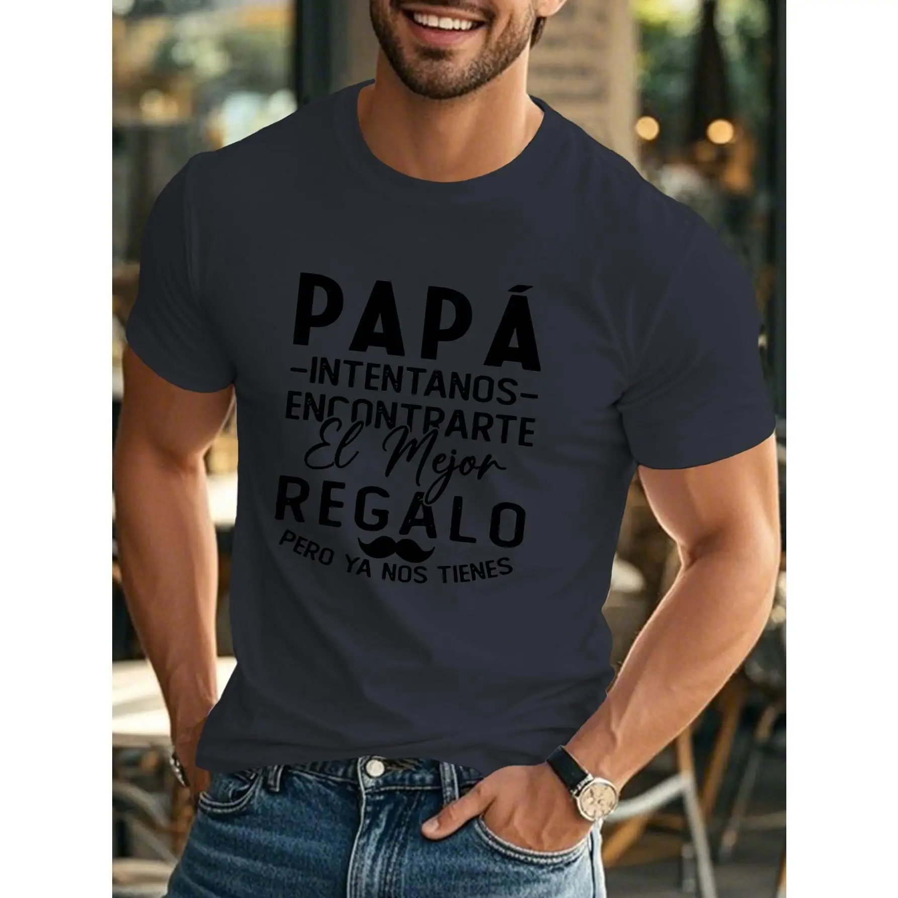 Fun French Father's Day Men's Short Sleeve T-Shirt - Black Casual Summer Top with Spanish Dad Quotes and Beard Pattern, Light Breathable Crew Neck, Ma