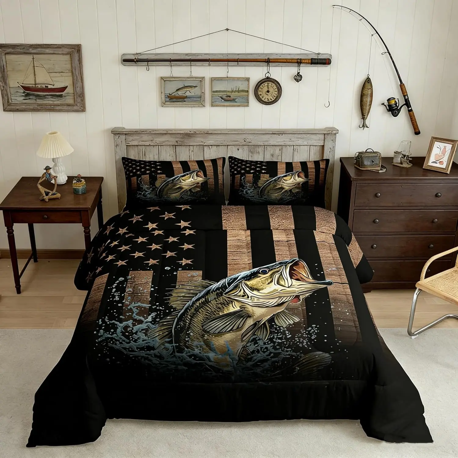 Feelyou Queen Size American Flag Luxury Bedding Set - Fishing & Hunting Themed Pike Fish Design, Rustic Wooden Pattern Soft Duvet Set for Home Decor, Bedroom Gifting, Bedding Sets