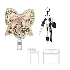 Leopard Print Bow Badge Clip, 360 Degree Rotating Crocodile Clasp, Includes Keychain Pen Set, Waterproof ID Card Holder