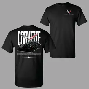 Corvette T-Shirt, Black Sports Car Graphic Tee With Bold Corvette Logo And Racing Flag Emblem 2 Sides, American Muscle Supercar Apparel, Soft Cotton Blend Shirt, Automotive Lifestyle Gift for Men & Women, Streetwear, Graphic Tee