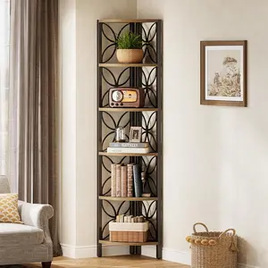 6-Tier 70.9-Inch Rustic Brown Wooden Corner Shelf, Multi-Use Storage Rack & Plant Stand with Room Decor Function for Living Room, Bedroom