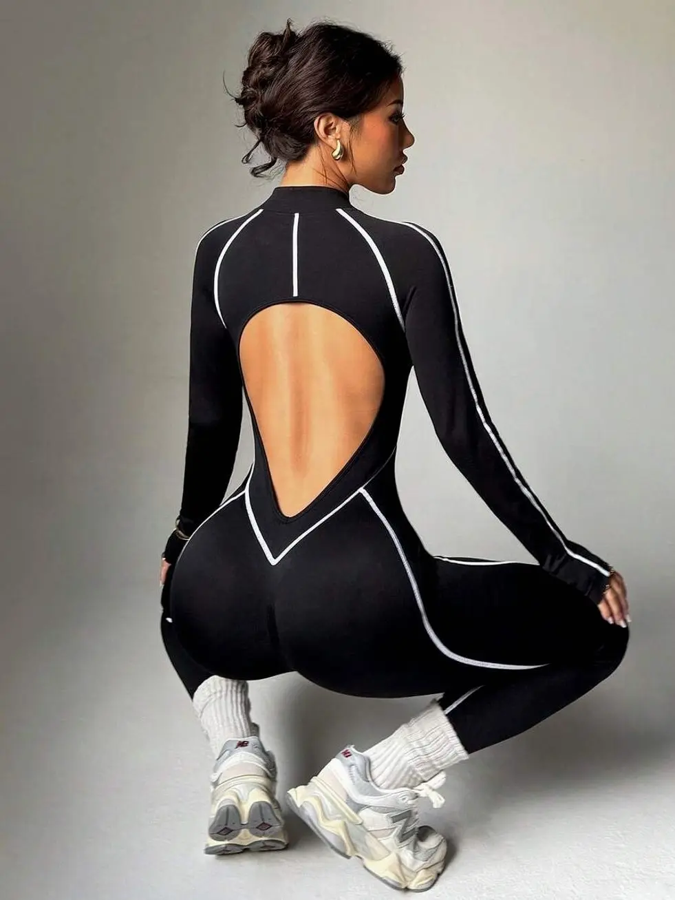 Seamless Long Sleeve Zipper Jumpsuit, Backless High-Elasticity Fitness Romper for Workout