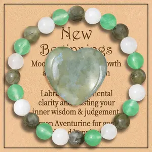 2pcs/Set 8mm Natural Stone Stretch Bracelet Natural Gemstone Love Thumbstone Blessing Card New Beginnings Healing Crystals Suitable for Daily Wear Gift for Women Men Girls Mother's Day Holiday Gift