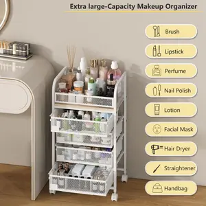 Makeup Organizer with 4 Drawers, Skincare Storage, Floor Skincare Organizers with Wheels Nameplates,Vanity Cosmetic Holder for Perfume, Nail Polish, Brushes, White