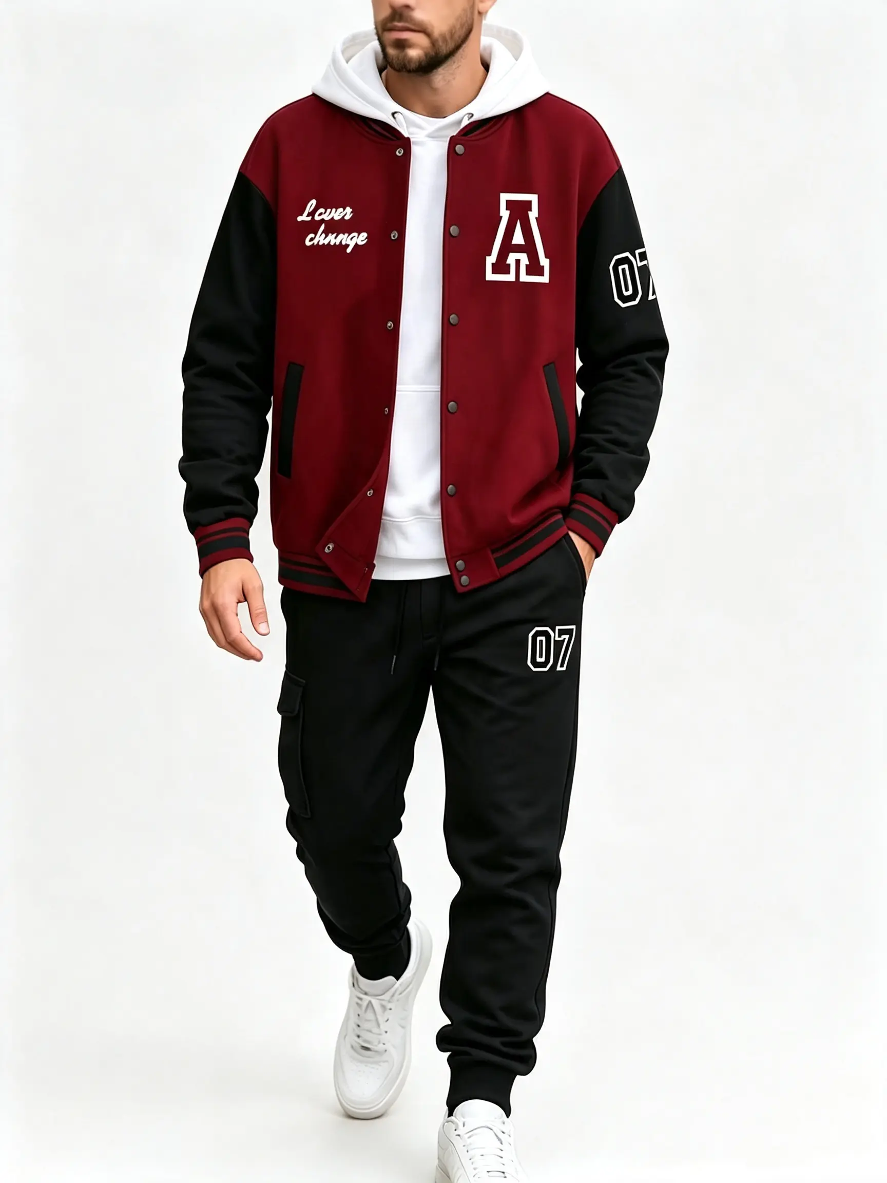 Men's 2-Piece Streetwear Varsity Tracksuit Set - Polyester Color Block Snap Button Baseball Jacket with Letter A Print, Oversized Hooded Inner, Number 07 Jogger Sweatpants, Casual Loose Outfit, Side Pockets, Letter Print