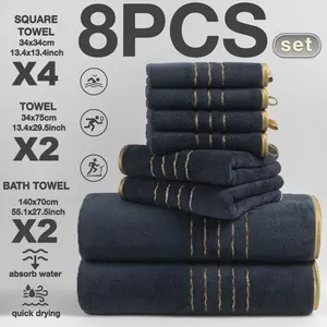 8-Piece Gold Thread Decorative Bath Towel Set, Premium Bath Towels, Modern Striped Bathroom Accessories, Quick-Dry Absorbent Microfiber, Suitable for Home & Hotel Use
