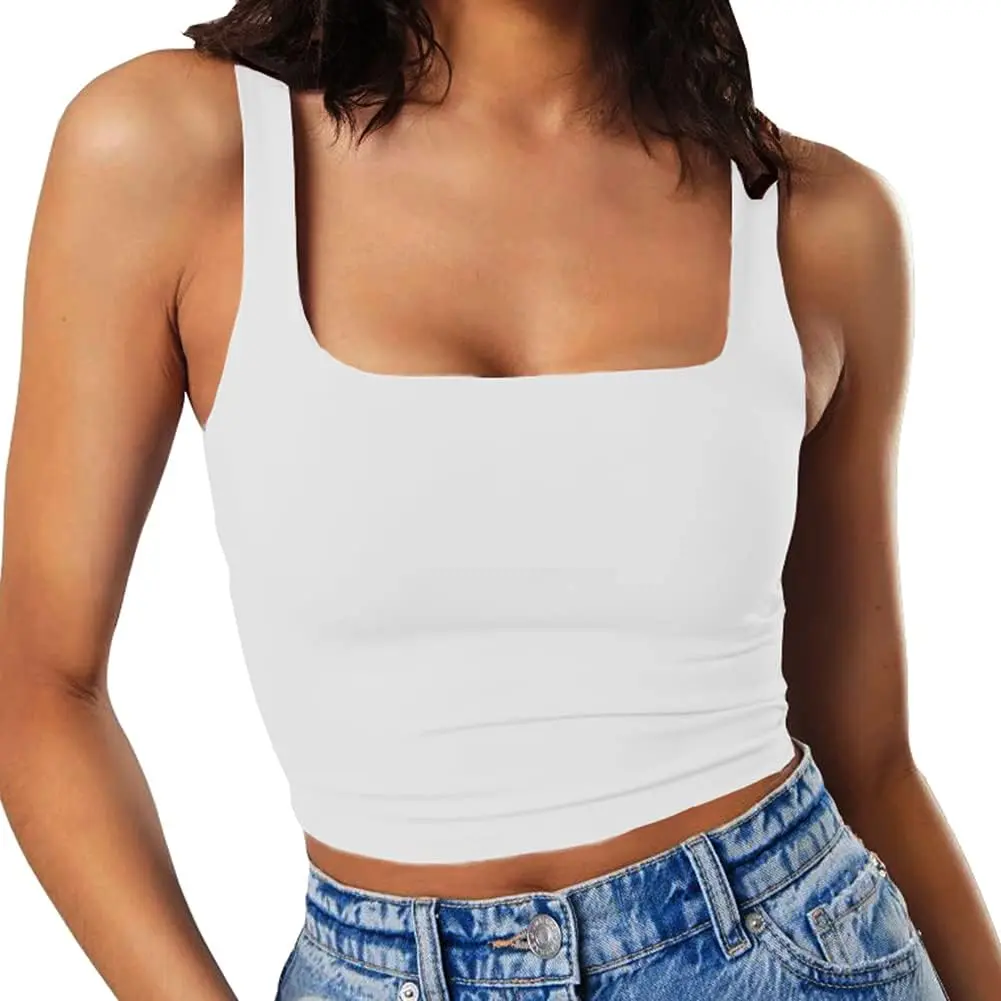 Women's Neon Crop Tank Top, Cute Square Neck Solid Cami with Double Layer, Lightweight Soft Stretch for Workout & Casual Wear, Cropped Tank Tops, Short, Fitted Cut, Solid Colors, Basic, Cotton Blend, Strappy Spaghetti, Evening, Mini Crop