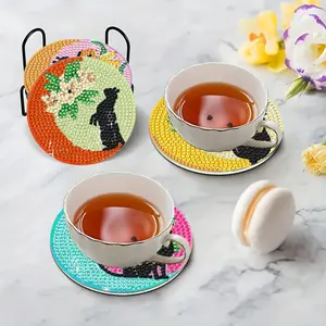 DIY 8-Piece Cat and Flower Diamond Art Coasters Set, Includes Stand, Non-Slip Drink Mat, Home Kitchen Decor, Party Gift