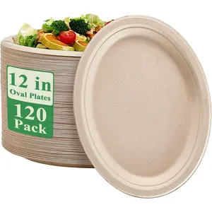 Compostable Oval Paper Plates 12 inch 120 Pack Super  Disposable Dinner Plates  Biodegradable  Sugarcane Plates for BBQ, Party, Gathering, and Picnic