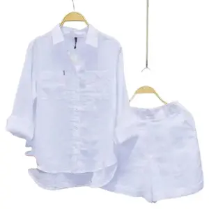 CHENGDEFA Women's 2025 Cotton-Linen Casual Home 2-Piece Set, Fashion White Long-Sleeve Shirt & Baggy Shorts, Sports & Outdoor Womenswear