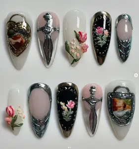Victorian Gothic Press On Nails | Vintage Portraits, Daggers & 3D Flowers with Antique Metal Frames | Dark Romance Nail Art for Elegant Souls Medium Glossy Charm Press-On Nails