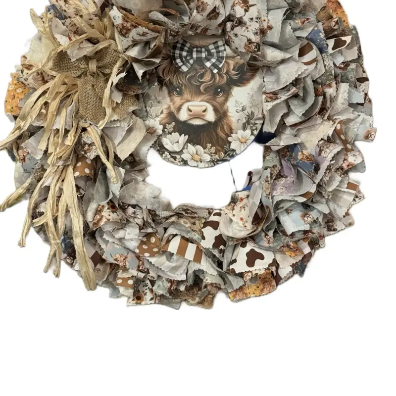 Sweet Soulful Cow Rag Wreath with Floral Accents and Plaid Bow for Rustic Home Decor